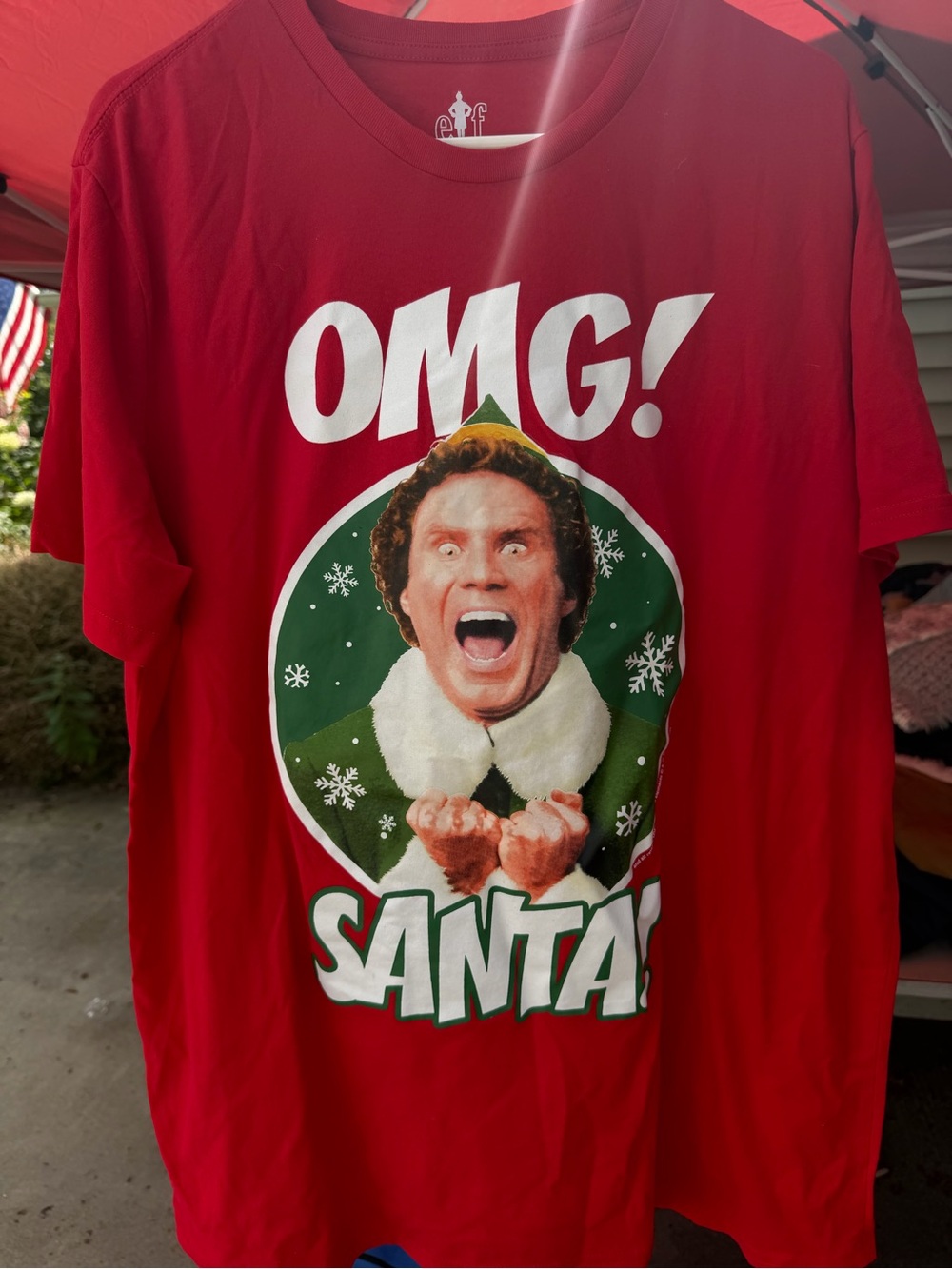 ELF Red Holiday Graphic Tee with Green and White Print